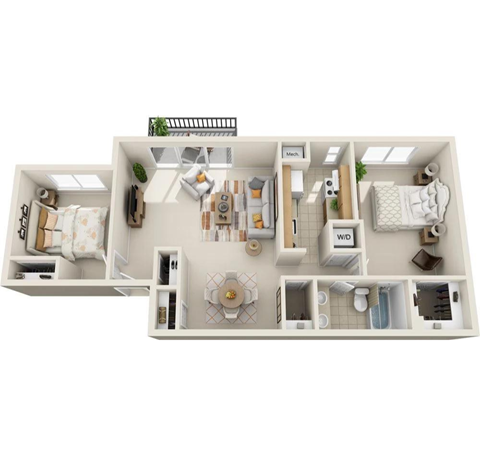 Floor plan for 2 beds, 1 bath, 860 sqft
